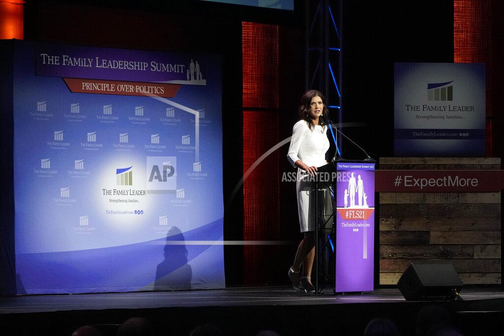 Charlie Neibergall South Dakota Gov. Kristi Noem speaks during the Family Leadership Summit, Friday, July 16, 2021, in Des Moines, Iowa. (AP Photo/Charlie Neibergall)