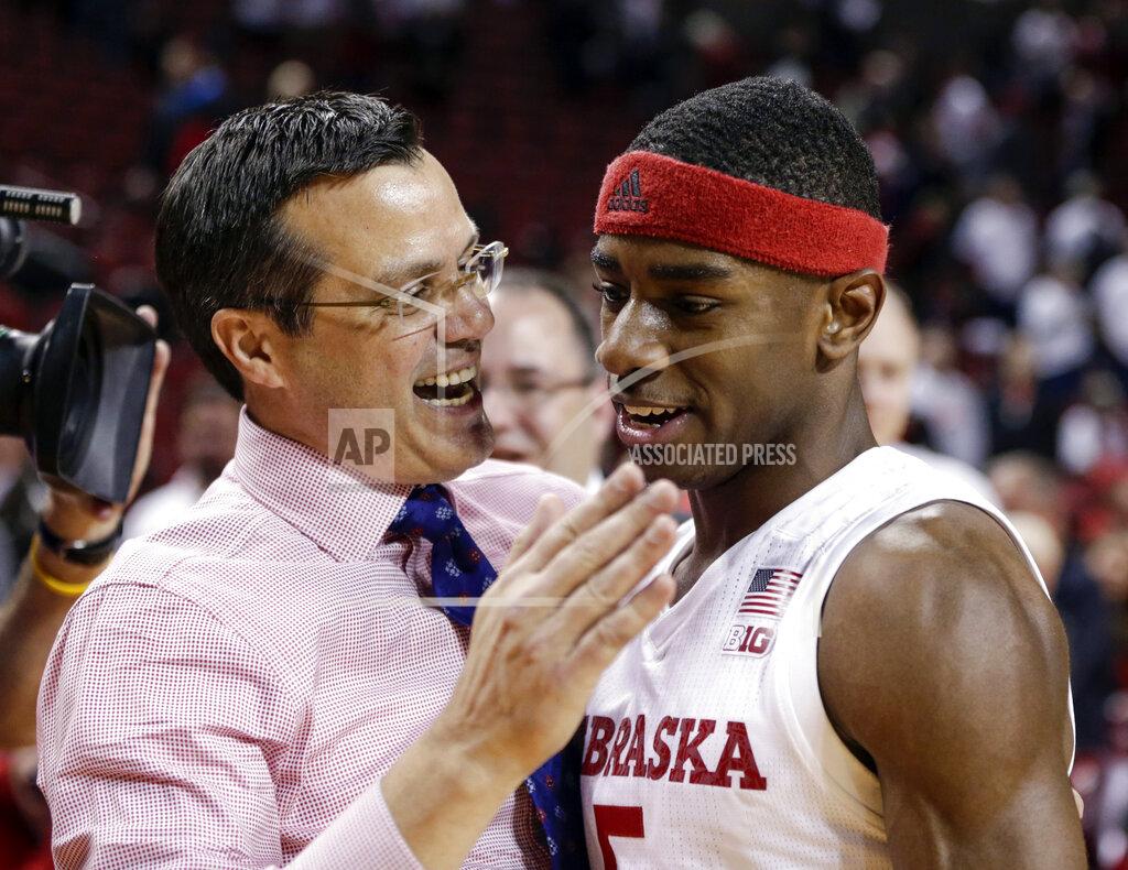 Nati Harnik FILE - In this Dec. 5, 2017, file photo, Nebraska coach Tim Miles celebrates with Glynn Watson Jr., who scored 29 points, following the team's NCAA college basketball game against Minnesota, in Lincoln, Neb. Watson is the only remaining member of Nebraska’s five-man 2015 recruiting class who is still on the roster, and Miles calls the senior the leader of a team that is on track to make the NCAA Tournament for the first time since 2014. (AP Photo/Nati Harnik, File)
