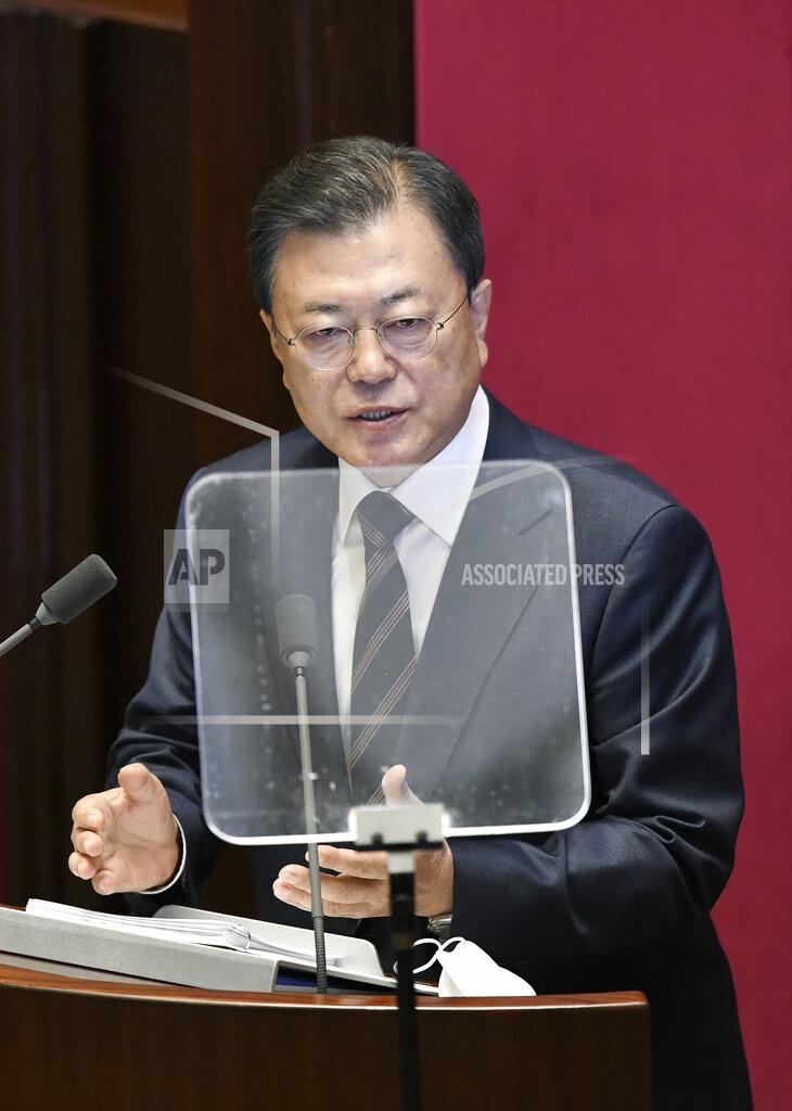 Jung Yeon-Je South Korea's President Moon Jae-in delivers a speech at the National Assembly in Seoul Monday, Oct. 25, 2021. Moon said Monday he’ll keep striving to promote peace with North Korea through dialogue until the end of his term next May, after Pyongyang raised animosities with a resumption of provocative weapons tests. (Jung Yeon-je/Pool Photo via AP)