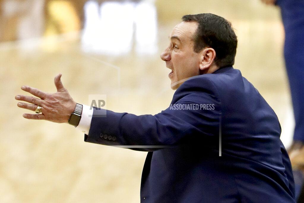 Keith Srakocic Duke head coach Mike Krzyzewski calls out to his team as they play against Pittsburgh during the second half of an NCAA college basketball game, Tuesday, Jan. 22, 2019, in Pittsburgh. Duke won 79-64. (AP Photo/Keith Srakocic)