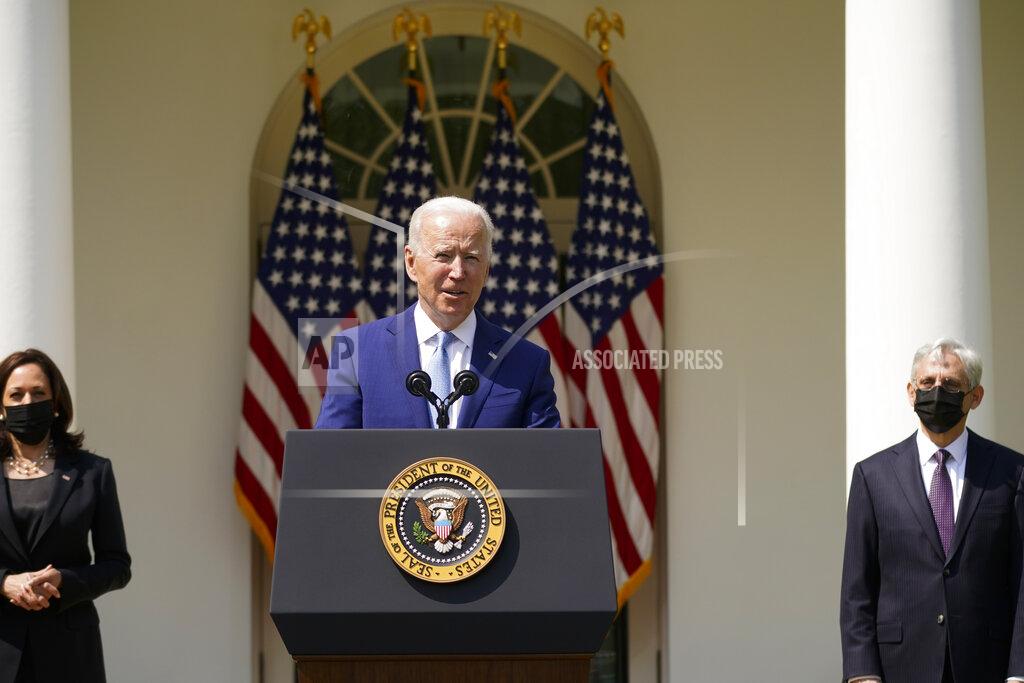 Andrew Harnik President Joe Biden, accompanied by Vice President Kamala Harris, and Attorney General Merrick Garland, speaks about gun violence prevention in the Rose Garden at the White House, Thursday, April 8, 2021, in Washington. (AP Photo/Andrew Harnik)