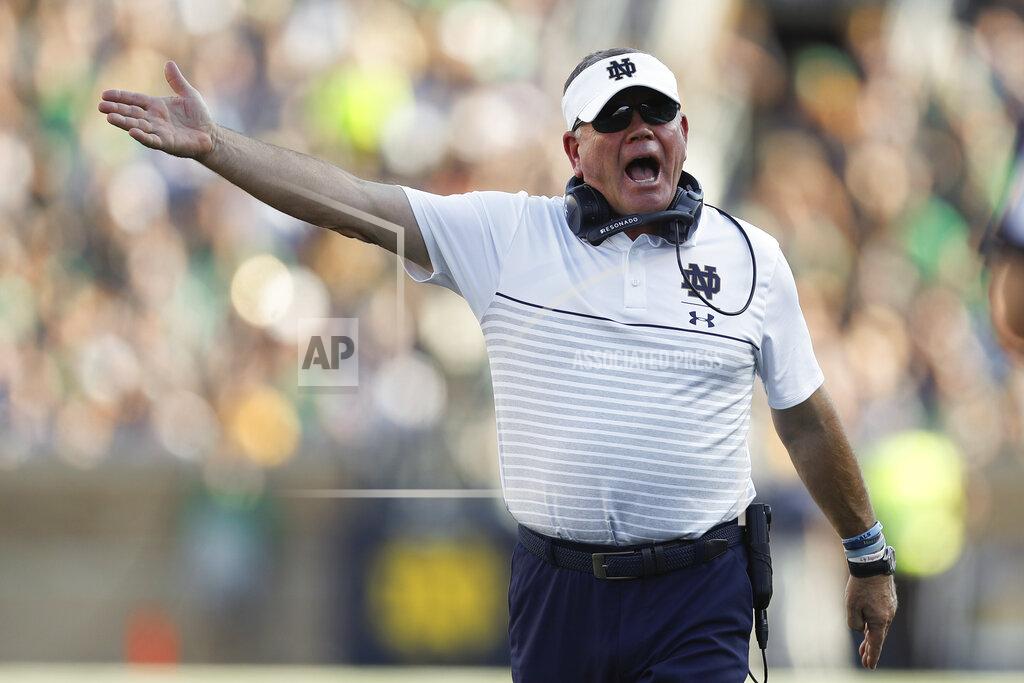Paul Sancya Notre Dame head coach Brian Kelly argues a call in the second half of an NCAA college football game against New Mexico in South Bend, Ind., Saturday, Sept. 14, 2019. (AP Photo/Paul Sancya)