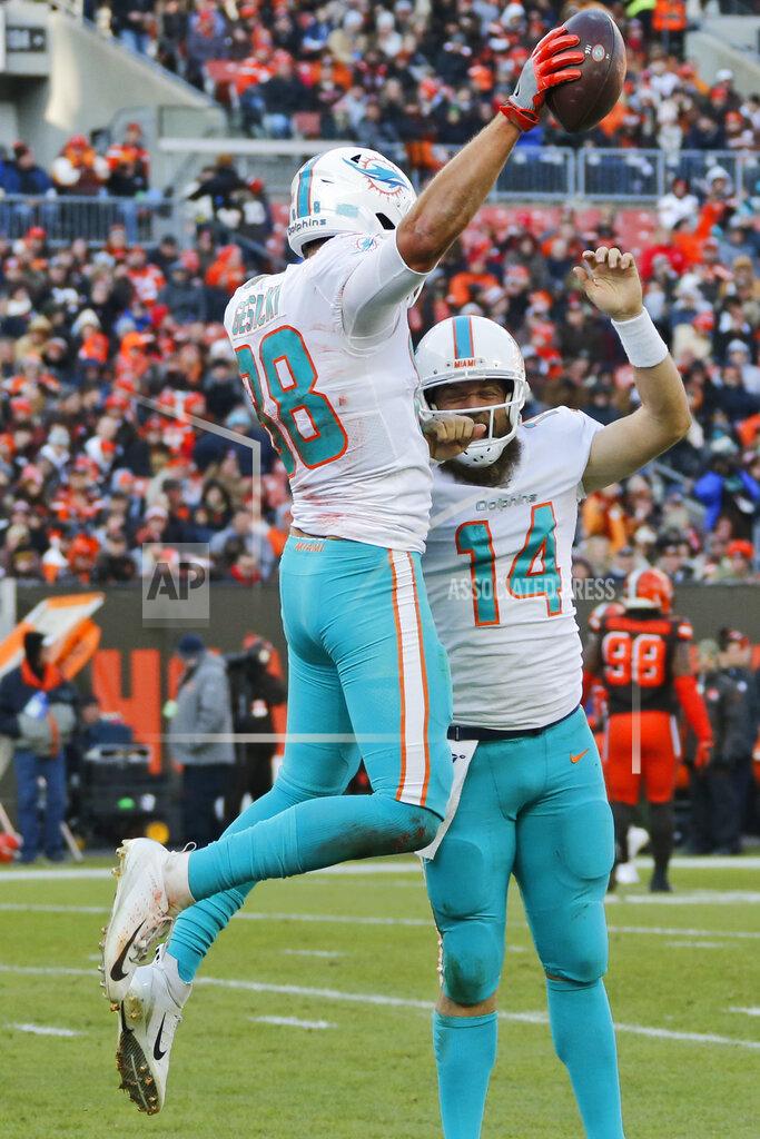 Ron Schwane Miami Dolphins tight end Mike Gesicki (88) and quarterback Ryan Fitzpatrick (14) celebrate after Gesicki scored an 11-yard touchdown during the second half of an NFL football game against the Cleveland Browns, Sunday, Nov. 24, 2019, in Cleveland. (AP Photo/Ron Schwane)