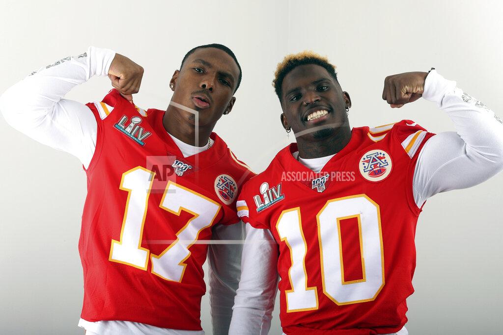 FILE - In this Jan. 27, 2020, filer photo, Kansas City Chiefs' Mecole Hardman (17) and Tyreek Hill (10) pose for a photo in Miami. The two Chiefs wide receivers have traded barbs about their speed ever since Hardman was chosen in the second round of last year's draft. Hardman and Hill both have world-class speed — that much was never in question — but just who was the fastest man in Kansas City wasn't settled until the two lined up in the team's indoor facility this past week.
Hill won easily. Hardman copped to it on social media with a sad-face emoji. (AP Photo/Doug Benc, File)