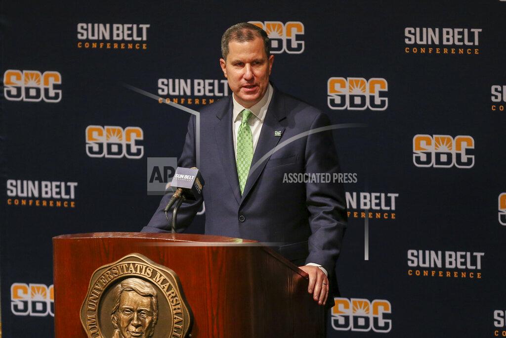 Ryan Fischer Marshall University interim director of athletics Jeff O'Malley speaks during a press conference about joining the Sun Belt Conference, Monday, Nov. 1, 2021, in Huntington, W.Va. (Ryan Fischer/The Herald-Dispatch via AP)