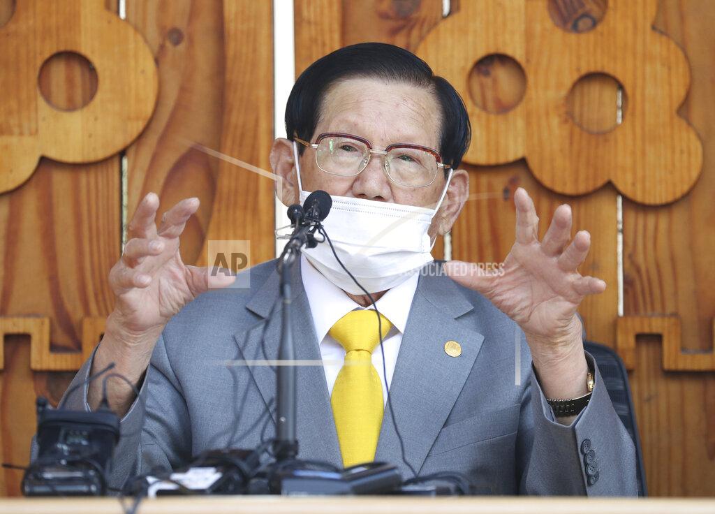 FILE - In this March 2, 2020 file photo, Lee Man-hee, a leader of Shincheonji Church of Jesus, speaks to the media during the press conference in Gapyeong, South Korea. Singaporean authorities on Wednesday, Nov. 11, have arrested 21 people who are thought to be connected to a secretive South Korean religious sect that was widely blamed for thousands of virus infections in that country.(Kim Ju-sung/Yonhap via AP, File)