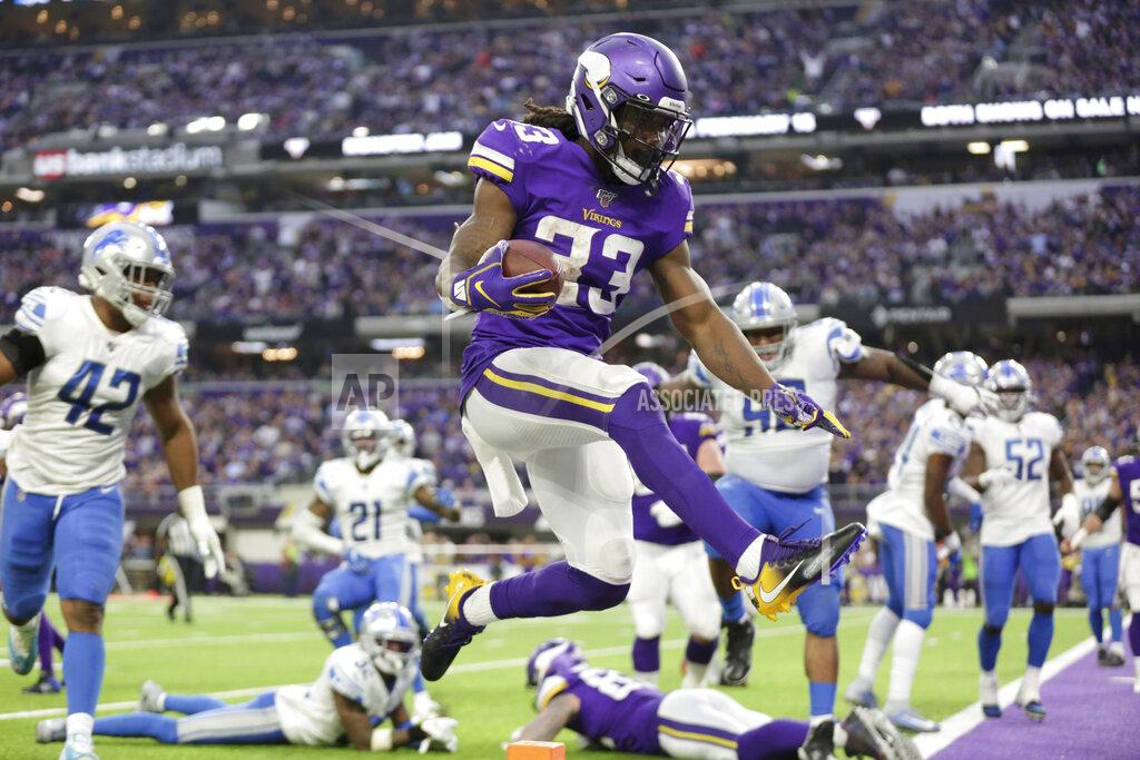 Andy Clayton-King Minnesota Vikings running back Dalvin Cook (33) scores on a 3-yard touchdown run during the first half of an NFL football game against the Detroit Lions, Sunday, Dec. 8, 2019, in Minneapolis. (AP Photo/Andy Clayton-King)