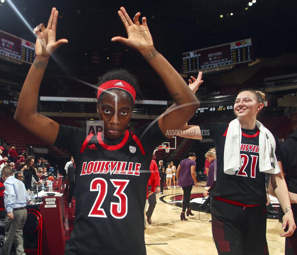 Phil Sears Louisville guard Jazmine Jones (23) and forward Kylee Shook (21) celebrate after an NCAA college basketball game against Florida State in Tallahassee, Fla., Thursday, Jan. 24, 2019. (AP Photo/Phil Sears)