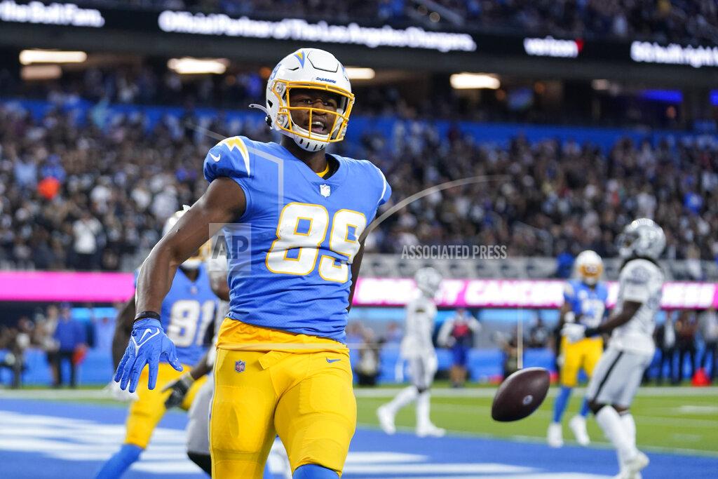 Marcio Jose Sanchez Los Angeles Chargers tight end Donald Parham (89) celebrates after scoring a touchdown during the first half of an NFL football game against the Las Vegas Raiders, Monday, Oct. 4, 2021, in Inglewood, Calif. (AP Photo/Marcio Jose Sanchez)