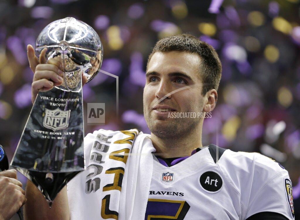 Matt Slocum FILE - In this Feb. 13, 2013 file photo, Baltimore Ravens quarterback Joe Flacco (5) holds the Vince Lombardi Trophy after defeating the San Francisco 49ers 34-31 in the NFL Super Bowl XLVII football game in New Orleans. Flacco was the Super Bowl MVP and the NFL's highest-paid quarterback just a few years ago. After injuries shortened his last two seasons, Flacco is now in New York with a new role: as a backup to Sam Darnold. (AP Photo/Matt Slocum, File)