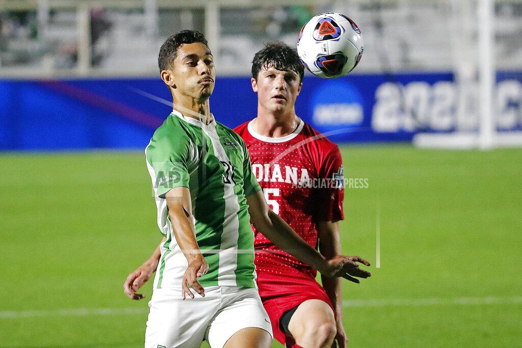 Karl B Deblaker Marshall's Vitor Dias (31) battles with Indiana's Daniel Munie (5) during the first half of the NCAA College Cup championship soccer match in Cary, N.C., Monday, May 17, 2021. (AP Photo/Karl B DeBlaker)