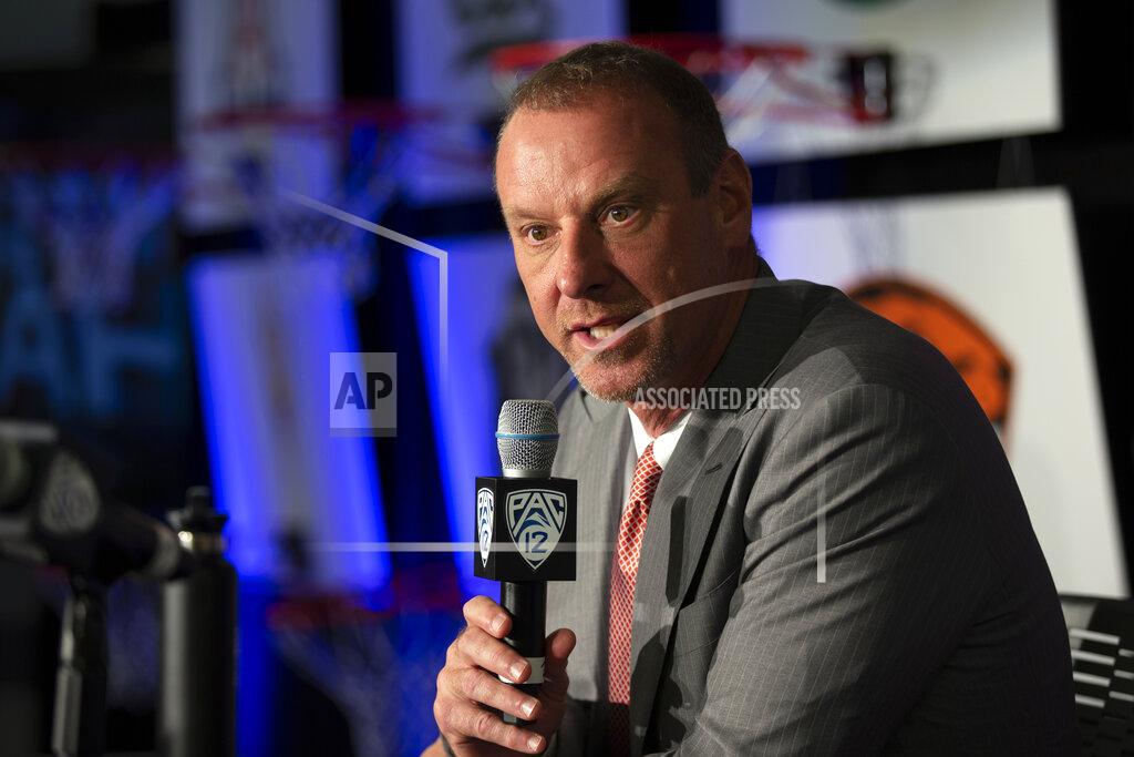 D. Ross Cameron Utah head coach Larry Krystkowiak speaks during the Pac-12 NCAA college basketball media day, in San Francisco, Tuesday, Oct. 8, 2019. (AP Photo/D. Ross Cameron)