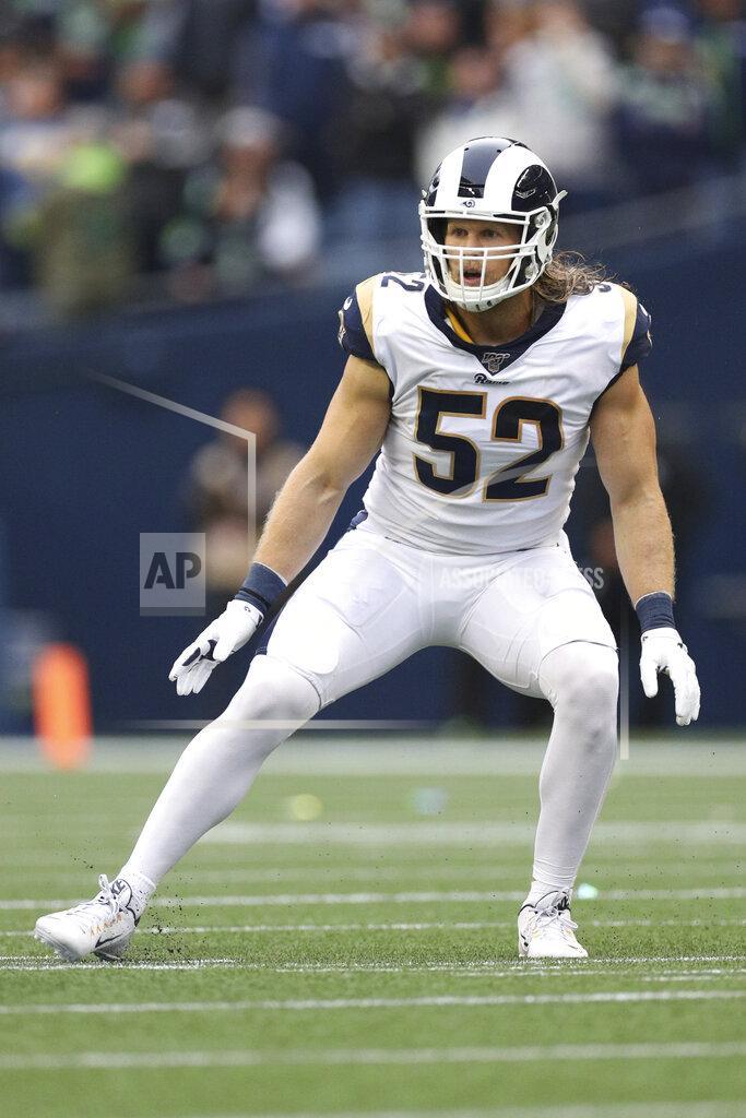 Margaret Bowles Los Angeles Rams outside linebacker Clay Matthews (52) takes a defensive position during an NFL game against the Seattle Seahawks, Thursday, Oct. 3, 2019, in Seattle. The Seahawks defeated the Rams 30-29. (Margaret Bowles via AP)