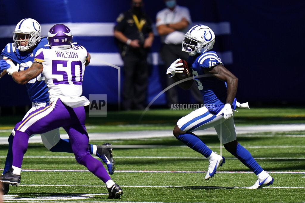 Aj Mast Indianapolis Colts' Parris Campbell (15) runs with the ball during the first half of an NFL football game against the Minnesota Vikings, Sunday, Sept. 20, 2020, in Indianapolis. (AP Photo/AJ Mast)