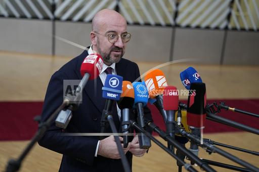 European Council President Charles Michel speaks with the media as he arrives for an EU summit at the European Council building in Brussels, Thursday, Oct. 26, 2023. European Union leaders gather Thursday for a two day meeting to discuss, among other issues, Ukraine and the impact of the war between Israel and Hamas. (AP Photo/Virginia Mayo)