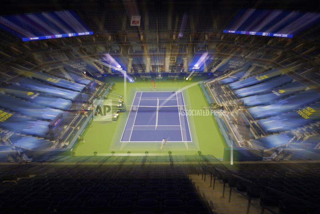Frank Franklin Ii Naomi Osaka, of Japan, top, serves to Camila Giorgi, of Italy, during the second round of the U.S. Open tennis championships, Wednesday, Sept. 2, 2020, in New York. (AP Photo/Frank Franklin II)