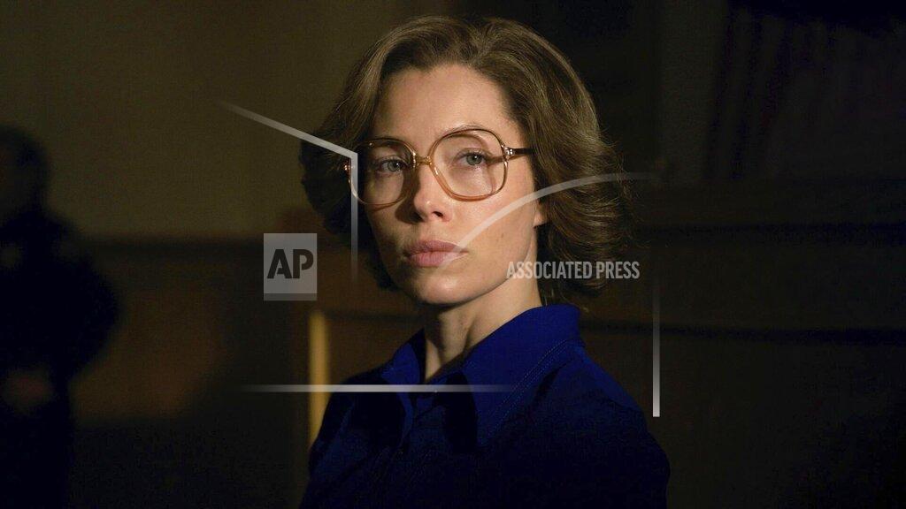 Uncredited This image released by Hulu shows Jessica Biel as Candy Montgomery in the series "Candy." (Hulu via AP)