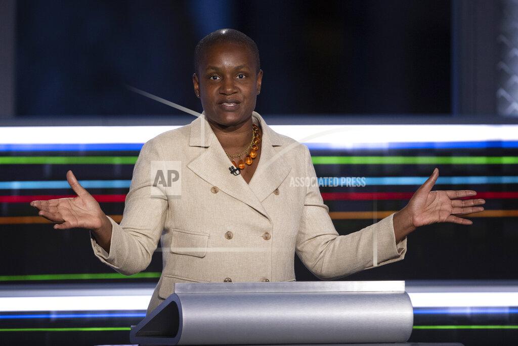 Justin Tang Green leader Annamie Paul gestures as she speaks during the federal election French-language leaders debate, Wednesday, Sept. 8, 2021, in Gatineau, Quebec. (Justin Tang/The Canadian Press via AP)
