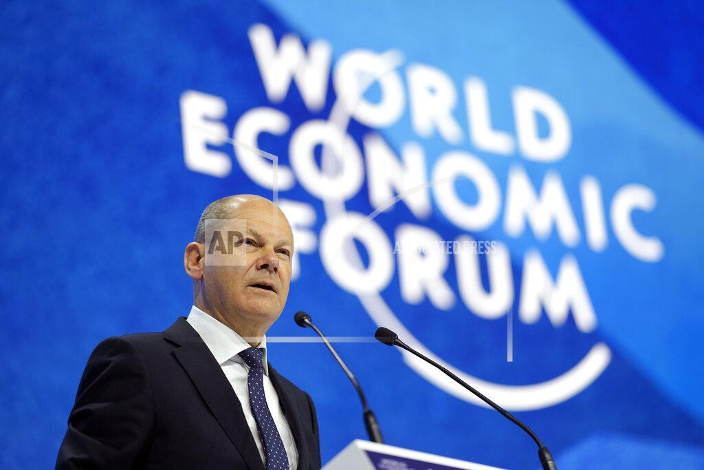 Markus Schreiber German chancellor Olaf Scholz speaks at the World Economic Forum in Davos, Switzerland, Thursday, May 26, 2022. The annual meeting of the World Economic Forum is taking place in Davos from May 22 until May 26, 2022. (AP Photo/Markus Schreiber)