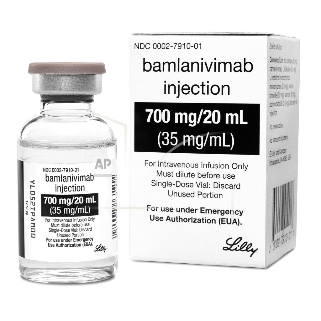 This photo provided by Eli Lilly shows the drug Bamlanivimab. On Monday, Nov. 9, 2020, the Food and Drug Administration cleared emergency use of Bamlanivimab, the first antibody drug to help the immune system fight COVID-19. The drug is for people 12 and older with mild or moderate COVID-19 not requiring hospitalization. (Courtesy of Eli Lilly via AP)