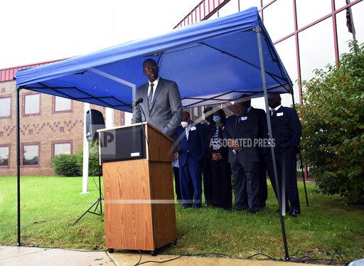 Michigan Lt. Gov. Garlin Gilchrist II talks about the response plan that has been put in place to deal with lead pipes and water quality for residents in Benton Harbor during a press conference Thursday, Oct. 14, 2021, at the Michigan Department of Health and Human Services Berrien County Office in Benton Harbor, Mich. (Don Campbell/The Herald-Palladium via AP)
