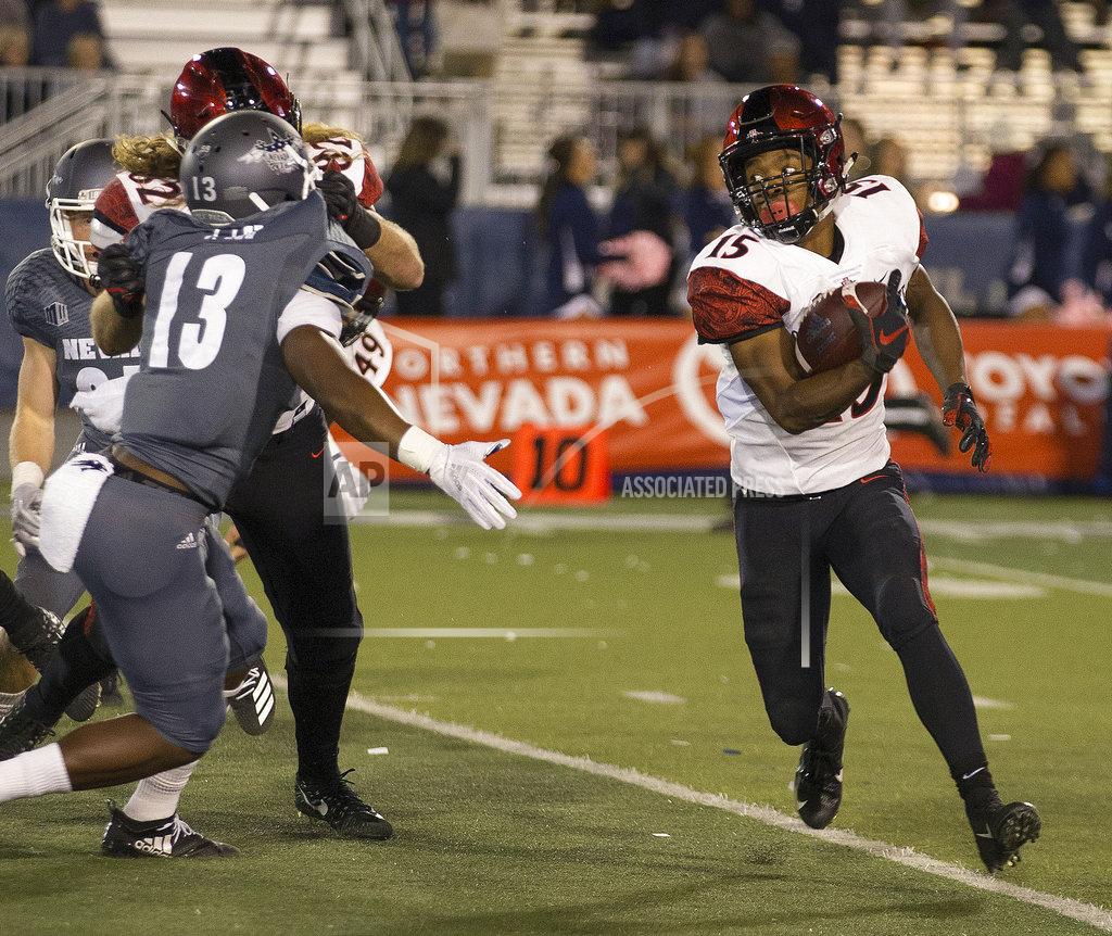Tom R. Smedes San Diego State running back Jordan Byrd runs against Nevada in the first half of an NCAA college football game in Reno, Nev., Saturday, Oct. 27, 2018. (AP Photo/Tom R. Smedes)