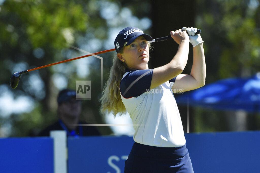 Michael Woods Bronte Law, of England, watches her drive on the 9th tee during the second round of the LPGA Walmart NW Arkansas Championship golf tournament, Saturday, Sept. 25, 2021, in Rogers, Ark. (AP Photo/Michael Woods)
