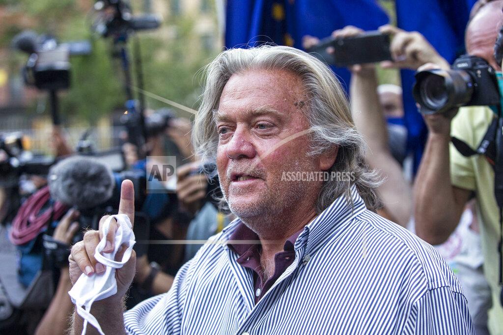 Eduardo Munoz Alvarez FILE - In this Aug. 20, 2020, file photo, President Donald Trump's former chief strategist, Steve Bannon, speaks with reporters in New York after pleading not guilty to charges that he ripped off donors to an online fundraising scheme to build a southern border wall. Trump is expected to pardon Bannon, Wednesday, Jan. 20, 2021, as part of a flurry of last-minute clemency action that appears to be still in flux in the last hours of his presidency. (AP Photo/Eduardo Munoz Alvarez, File)