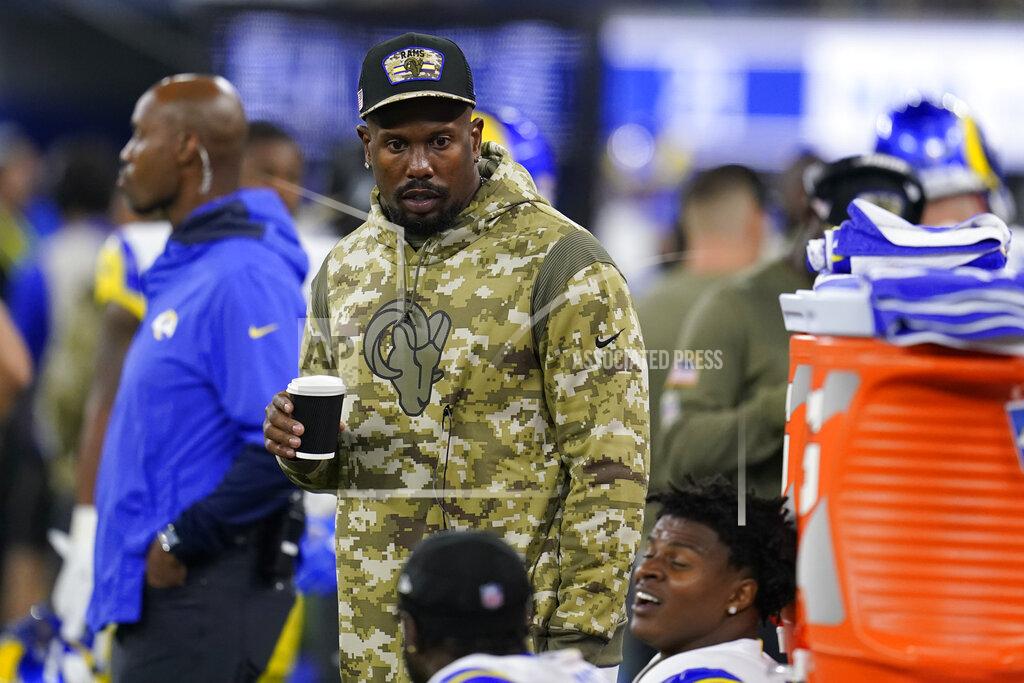 Marcio Jose Sanchez Los Angeles Rams outside linebacker Von Miller talks with teammates as he stands on the sidelines during the second half of an NFL football game against the Tennessee Titans, Sunday, Nov. 7, 2021, in Inglewood, Calif. (AP Photo/Marcio Jose Sanchez)