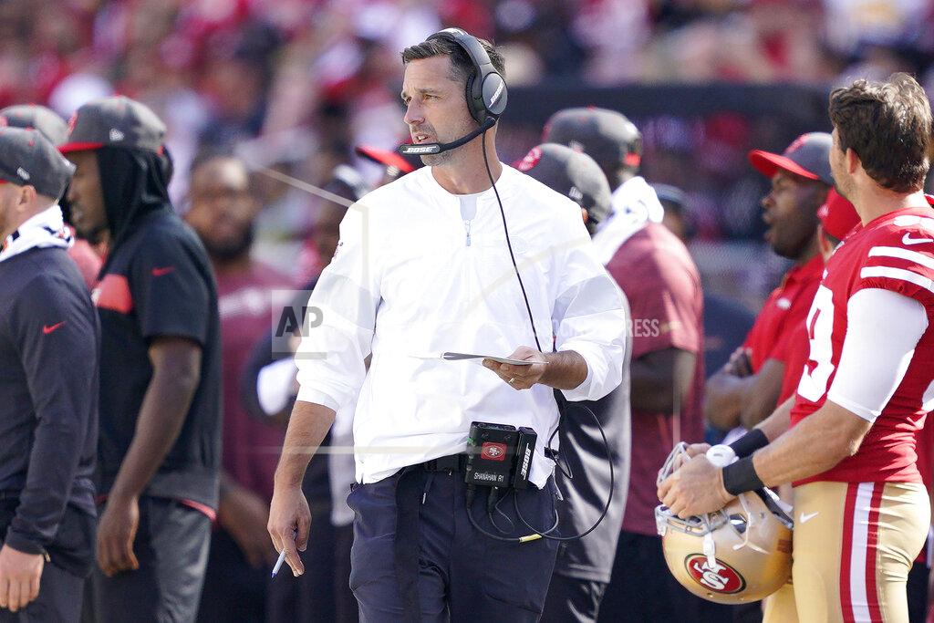 Tony Avelar San Francisco 49ers head coach Kyle Shanahan watches during the second half of an NFL football game between the 49ers and the Pittsburgh Steelers in Santa Clara, Calif., Sunday, Sept. 22, 2019. (AP Photo/Tony Avelar)