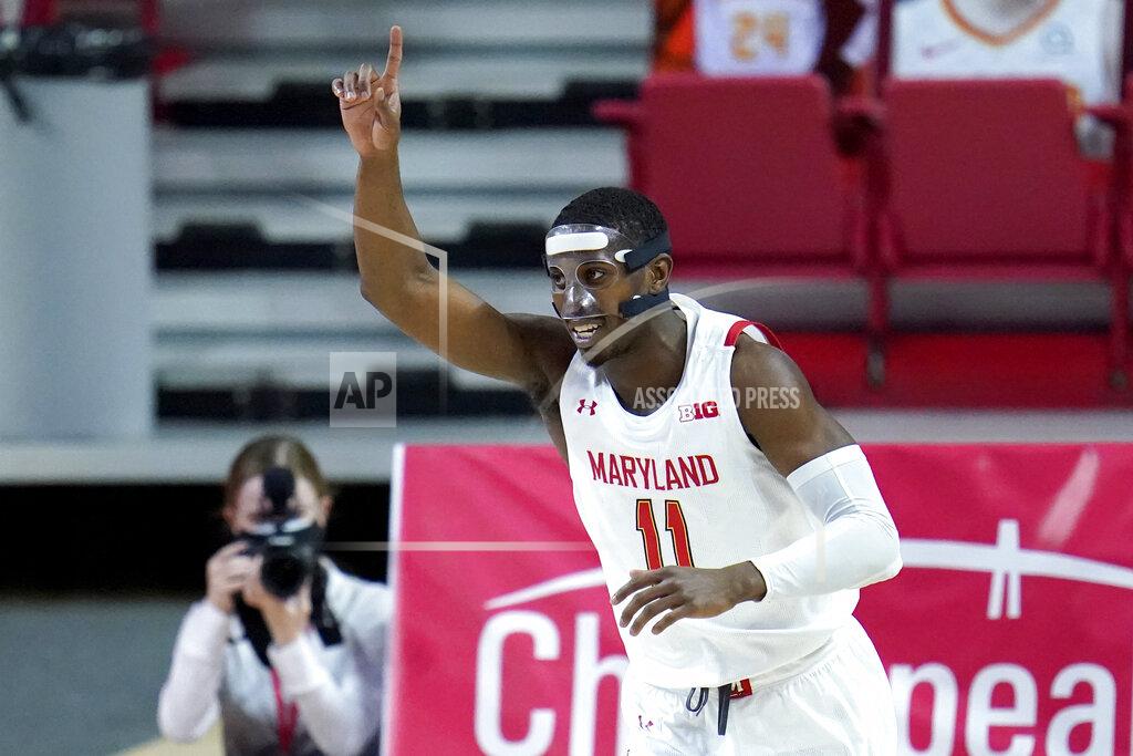Julio Cortez Maryland guard Darryl Morsell reacts after scoring a basket against Purdue during the first half of an NCAA college basketball game, Tuesday, Feb. 2, 2021, in College Park. (AP Photo/Julio Cortez)