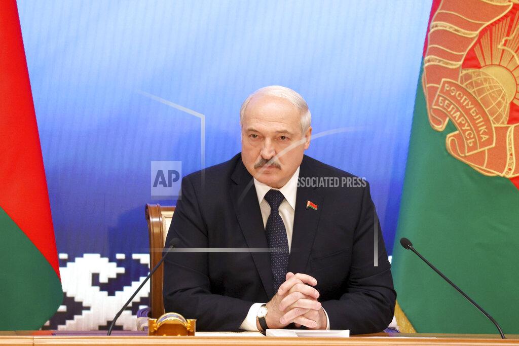 Sergei Shelega Belarus President Alexander Lukashenko speaks during a meeting with officials in Minsk, Belarus, Friday, July 23, 2021. (Sergei Shelega/BelTA Pool Photo via AP)