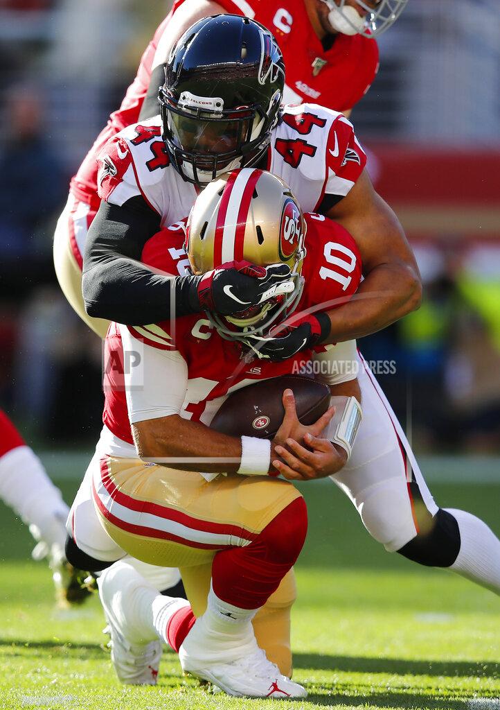 John Hefti Atlanta Falcons defensive end Vic Beasley (44) sacks San Francisco 49ers quarterback Jimmy Garoppolo (10) during the first half of an NFL football game in Santa Clara, Calif., Sunday, Dec. 15, 2019. (AP Photo/John Hefti)