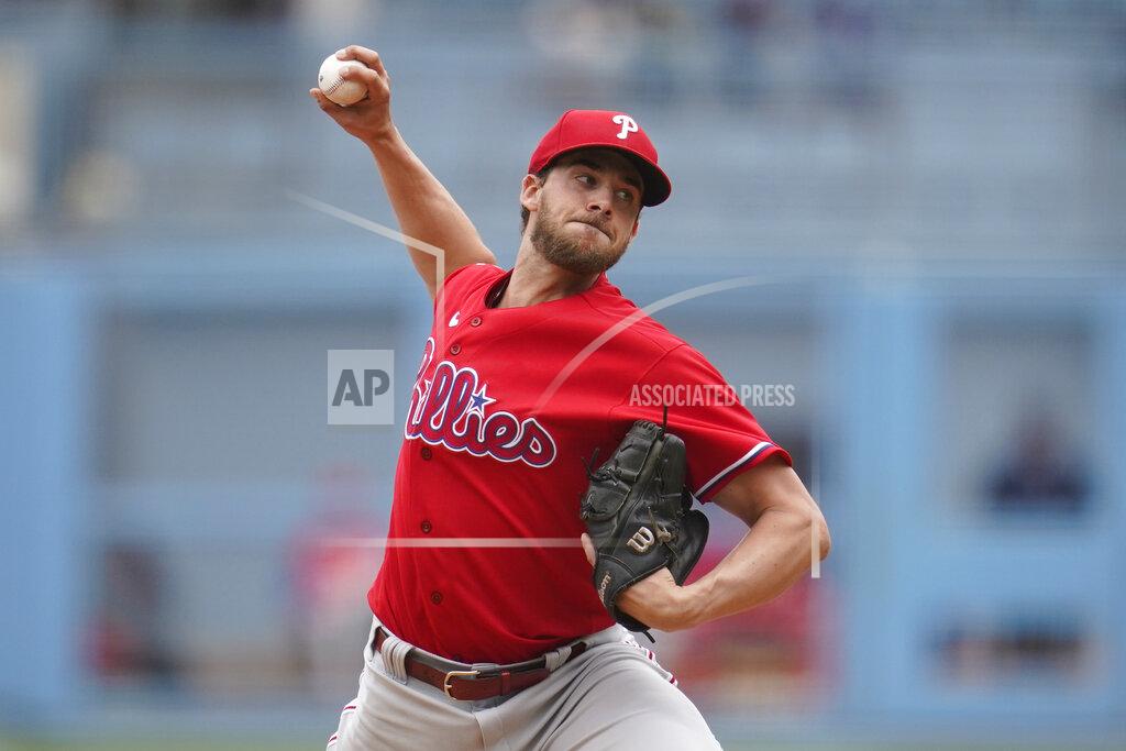 Ashley Landis Philadelphia Phillies starting pitcher Aaron Nola (27) throws during the first inning of a baseball game against the Los Angeles Dodgers in Los Angeles, Sunday, May 15, 2022. (AP Photo/Ashley Landis)