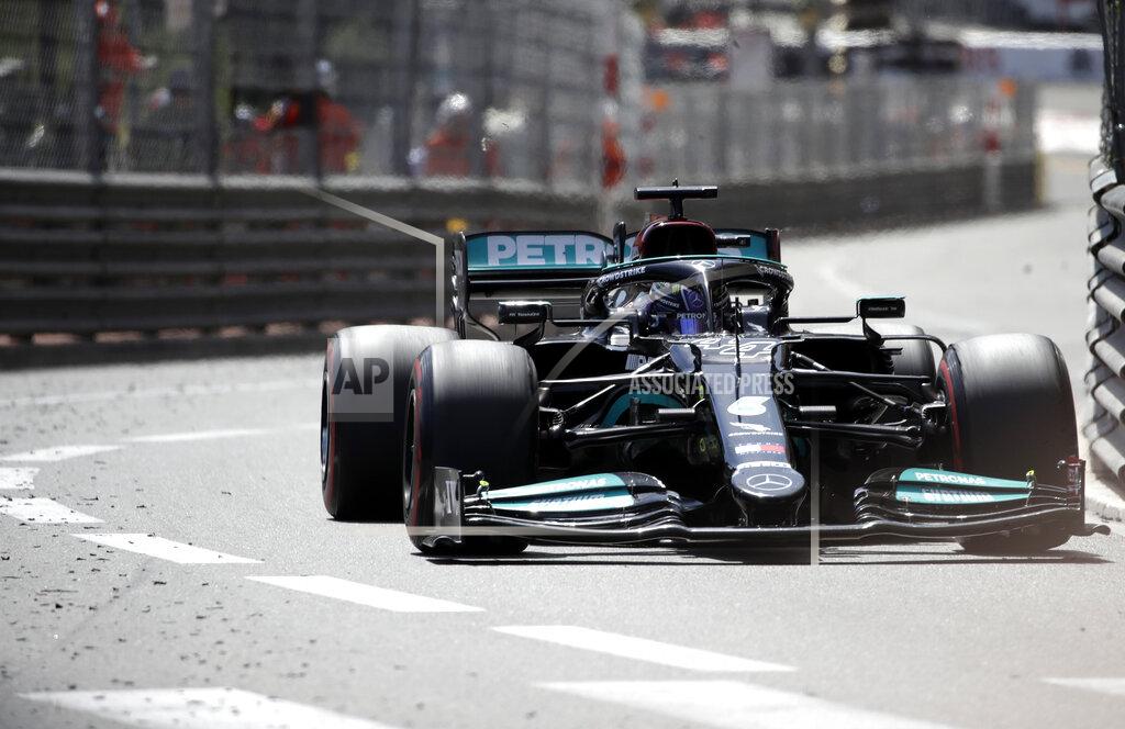 Luca Bruno Mercedes driver Lewis Hamilton of Britain steers his car during the Monaco Grand Prix at the Monaco racetrack, in Monaco, Sunday, May 23, 2021. (AP Photo/Luca Bruno)