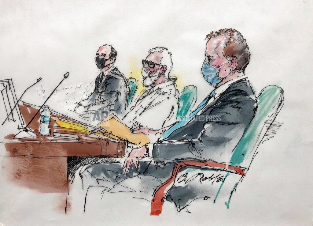 Bill Robles In this courtroom artist sketch Tahawwur Rana, middle, appears with his attorneys during an extradition hearing in federal US court in Los Angeles, Thursday, June 24, 2021. A federal judge is weighing whether Rana, a former Chicago businessman, will be extracted to India in connection with his alleged involvement in the 2008 Mumbai terrorist attack in which 166 people, including six Americans were killed. (Bill Robles for AP)