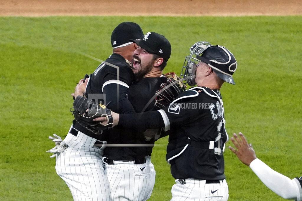David Banks Chicago White Sox starting pitcher Carlos Rodon, center, celebrates his no hitter against the Cleveland Indians with his teammates in a baseball game, Wednesday, April, 14, 2021, in Chicago. (AP Photo/David Banks)