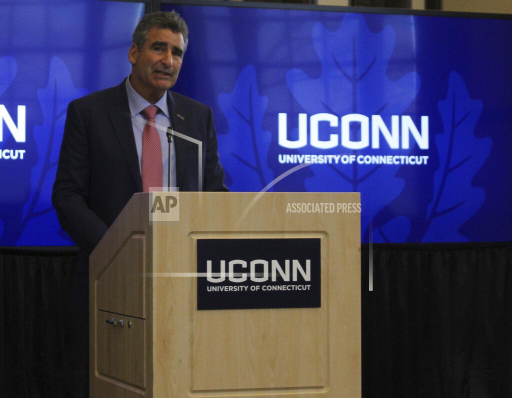 Pat Eaton-Robb Thomas C. Katsouleas speaks to the University of Connecticut Board of Trustees after being appointed the school's 16th president on Tuesday, Feb. 5, 2019 in Storrs, Conn. (AP Photo/Pat Eaton-Robb)