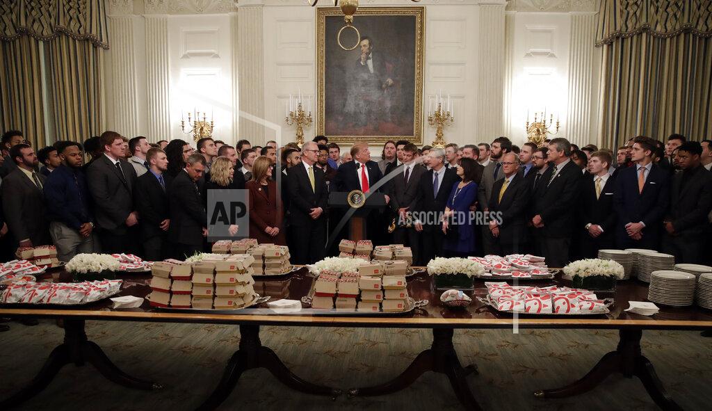 Carolyn Kaster President Donald Trump welcomes 2018 NCAA FCS College Football Champions, The North Dakota State Bison, to the White House in Washington, Monday, March 4, 2019. (AP Photo/Carolyn Kaster)