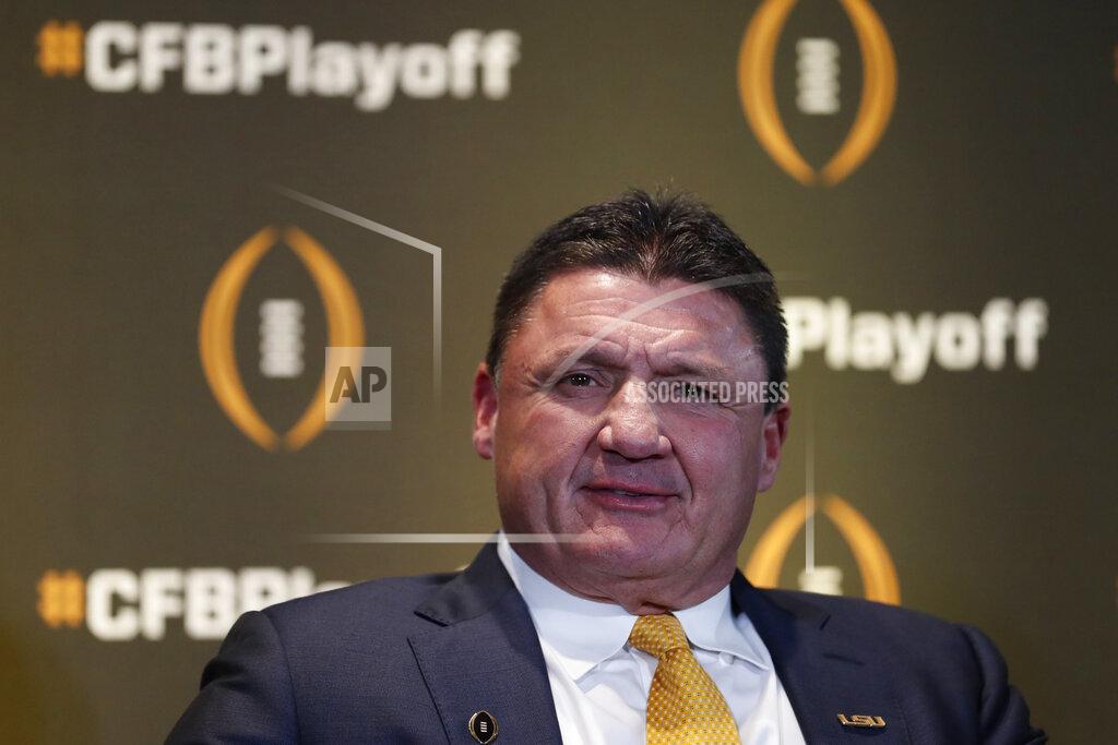 John Bazemore LSU head coach Ed Orgeron speaks during a news conference ahead for the College Football playoffs Thursday, Dec. 12, 2019, in Atlanta. Ryan Day of Ohio State was unable to attend. (AP Photo/John Bazemore)