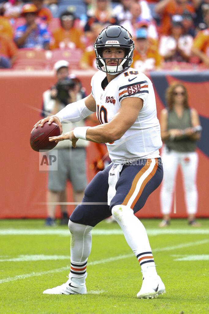 Margaret Bowles Chicago Bears quarterback Mitchell Trubisky (10) looks downfield for a receiver in an NFL game against the Denver Broncos, Sunday Sept. 15, 2019, in Denver. The Bears defeated the Broncos 16-14. (Margaret Bowles via AP)