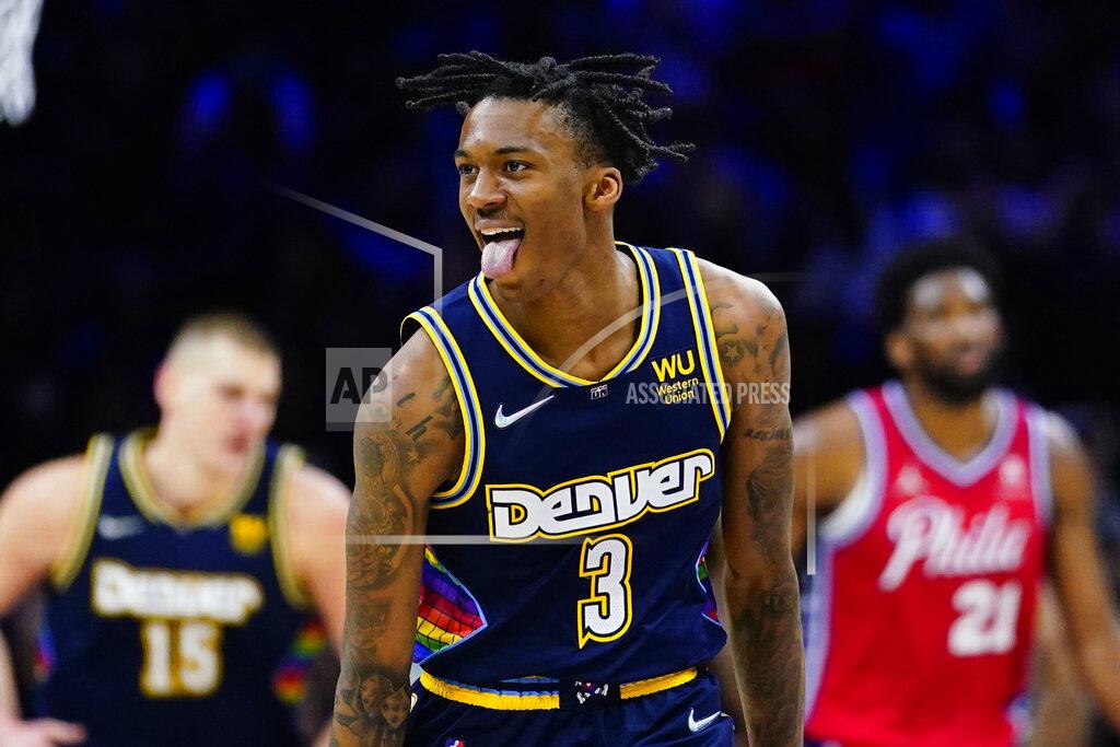 Matt Slocum Denver Nuggets' Bones Hyland reacts after making a three-pointer during the second half of an NBA basketball game against the Philadelphia 76ers, Monday, March 14, 2022, in Philadelphia. (AP Photo/Matt Slocum)