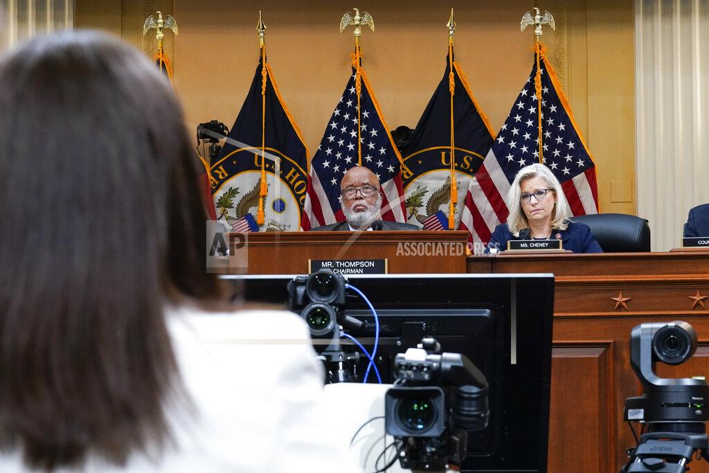 J. Scott Applewhite Chairman Bennie Thompson, D-Miss., and Vice Chair Liz Cheney, R-Wyo., listen as Cassidy Hutchinson, former aide to Trump White House chief of staff Mark Meadows, testifies as the House select committee investigating the Jan. 6 attack on the U.S. Capitol holds a hearing at the Capitol in Washington, Tuesday, June 28, 2022. (AP Photo/J. Scott Applewhite)