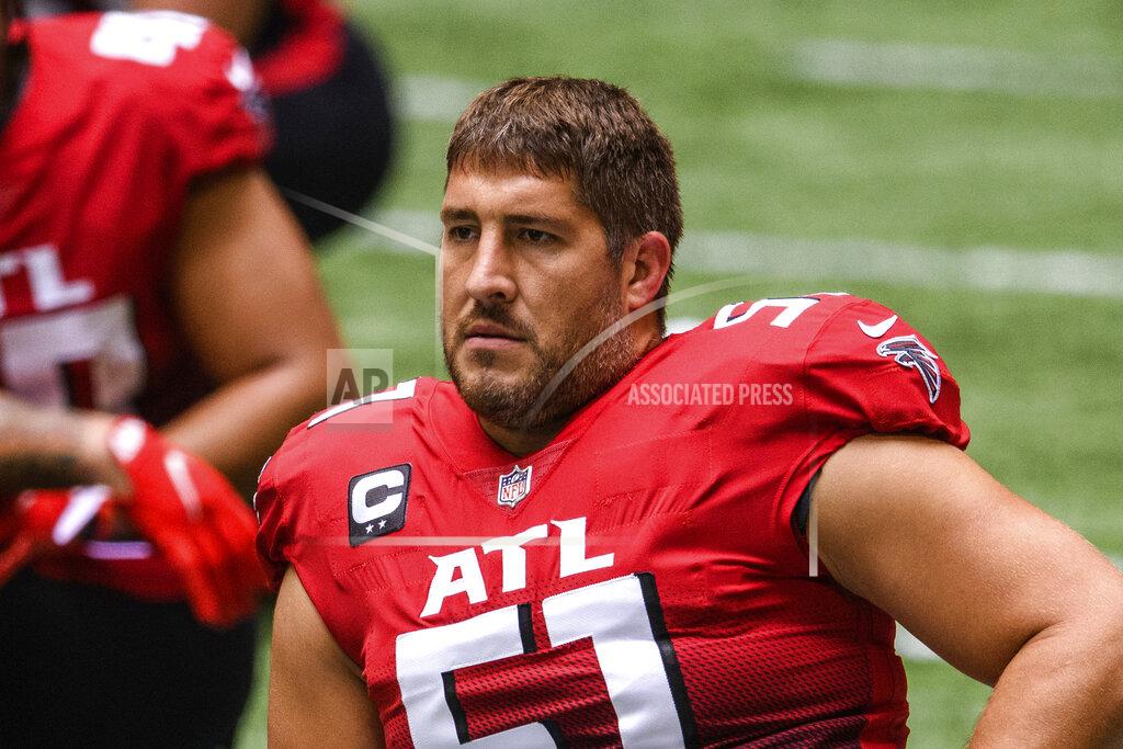 Danny Karnik Atlanta Falcons center Alex Mack (51) stretches before an NFL football game against the Detroit Lions, Sunday, Oct. 25, 2020, in Atlanta. Mack is one of 32 players nominated for the seventh annual Art Rooney Sportsmanship Award, the NFL announced Thursday, Dec. 3, 2020. (AP Photo/Danny Karnik)