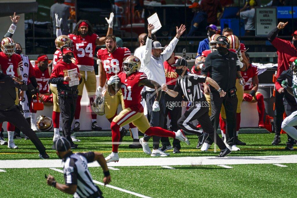 Corey Sipkin San Francisco 49ers running back Raheem Mostert (31) runs 80 yards for a touchdown during the first half of an NFL football game against the New York Jets, Sunday, Sept. 20, 2020, in East Rutherford, N.J. (AP Photo/Corey Sipkin)