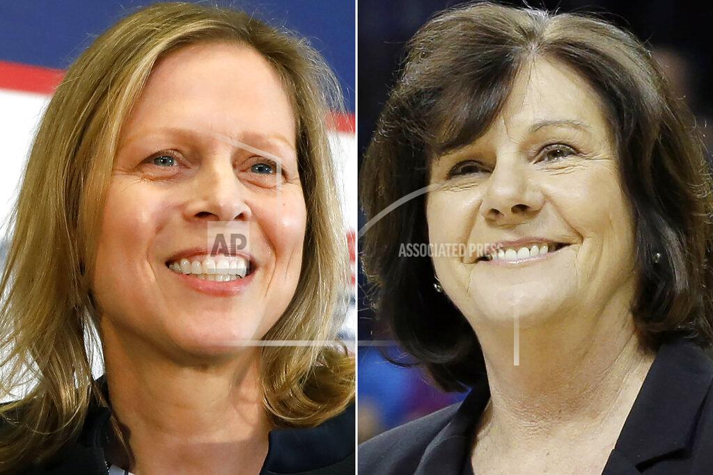 Uncredited FILE - At left, Big East Commissioner Val Ackerman smiles during a press conference at Madison Square Garden in New York, Thursday, June 27, 2019. At right, Atlantic 10 Commissioner Bernadette McGlade smiles after the NCAA college basketball Atlantic 10 conference tournament championship game between Saint Joseph's and VCU at the Barclays Center in New York, Sunday, March 16, 2014. Both McGlade and Ackerman praised what the NCAA did last season by paying men’s and women’s basketball officials equally in the tournaments after a review showed many inequities between the two sports. However, both said the tournaments aren't the same as regular-season conference games. (AP Photo/File)