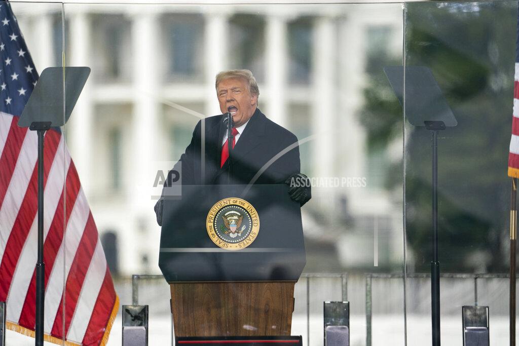 Evan Vucci President Donald Trump speaks during a rally protesting the electoral college certification of Joe Biden as President, Wednesday, Jan. 6, 2021, in Washington. Trump enters the last days of his presidency facing a second impeachment and growing calls for his resignation after his supporters launched an assault on the nation’s Capitol in an effort to disrupt the peaceful transfer of power. Yet Trump will try to go on offense in his last 10 days, with no plans of resigning. Instead, Trump is planning to lash out against the companies that have now denied him his Twitter and Facebook bullhorns. And aides hope he will spend his last days trying to trumpet his policy accomplishments, beginning with a trip to Alamo, Texas Tuesday, Jan. 12, 2021. (AP Photo/Evan Vucci)