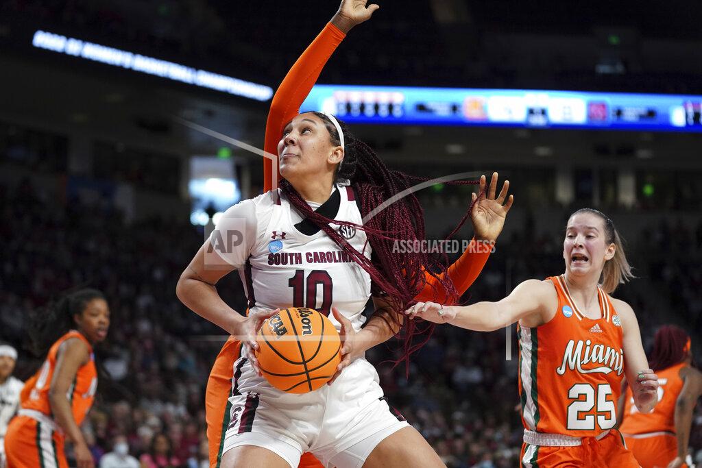 Sean Rayford South Carolina center Kamilla Cardoso (10) drives to the hoop during the first half a second-round game against Miami in the NCAA college basketball tournament, Sunday, March 20, 2022, in Columbia, S.C. (AP Photo/Sean Rayford)