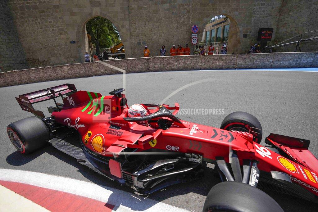 Darko Vojinovic Ferrari driver Charles Leclerc of Monaco steers his car during the first free practice at the Baku Formula One city circuit, in Baku, Azerbaijan, Friday, June 4, 2021. The Formula one race will be held on Sunday. (AP Photo/Darko Vojinovic)