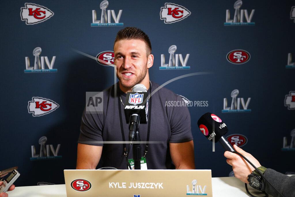 Wilfredo Lee San Francisco 49ers fullback Kyle Juszczyk smiles as he speaks during a media availability for the NFL Super Bowl 54 football game, on Tuesday, Jan. 28, 2020, in Miami. (AP Photo/Wilfredo Lee)